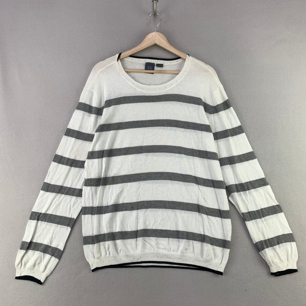 Armani Exchange Striped Sweater Mens L White Gray Casual Lightweight Pullover